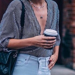 Tie Wrap Deep V Striped Blouse